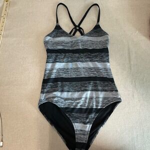 RBX Womens One Piece Swimsuit Large Black Grey Space Dye Striped Strappy Back